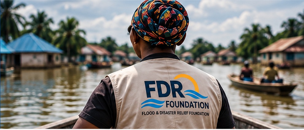 Nigerian FDR response worker looking over flooded waters from a local boat